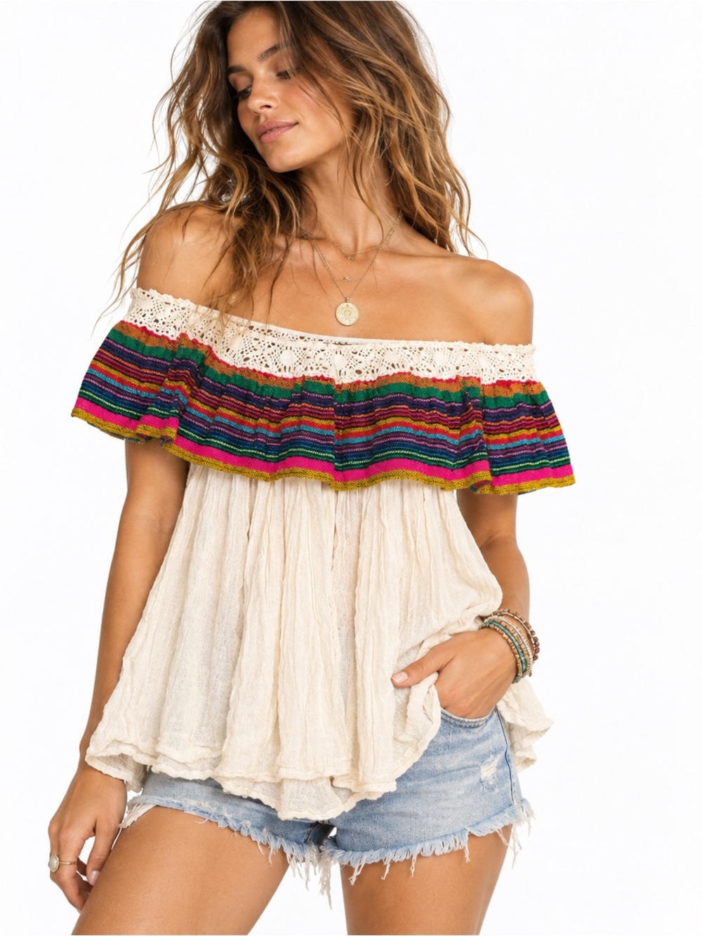 Jens Pirate Booty Womens Ivory Off Shoulder Top Medium Crochet Stripe Boho